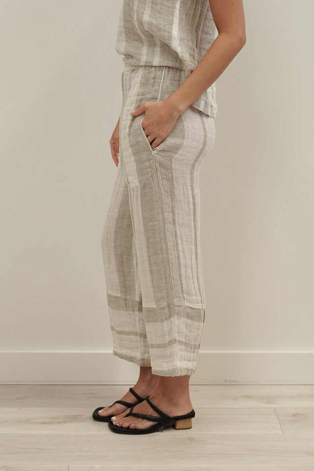 Tami Pant in natural stripy, 100% linen pant with elastic waistband and side pockets