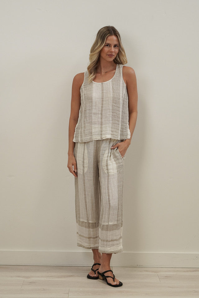 Tami Pant in natural stripy, 100% linen pant with elastic waistband and side pockets