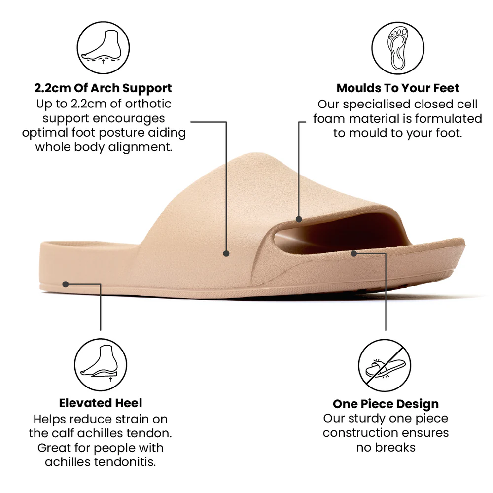 The Tan Arch Support Slides by Archies are available at Rawspice Boutique.