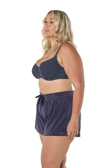 Navy Terry Towelling Shorts with an elastic waistband and adjustable drawstring, designed for comfort and relaxed summer style.