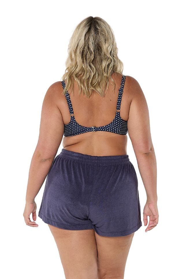 Navy Terry Towelling Shorts with an elastic waistband and adjustable drawstring, designed for comfort and relaxed summer style.