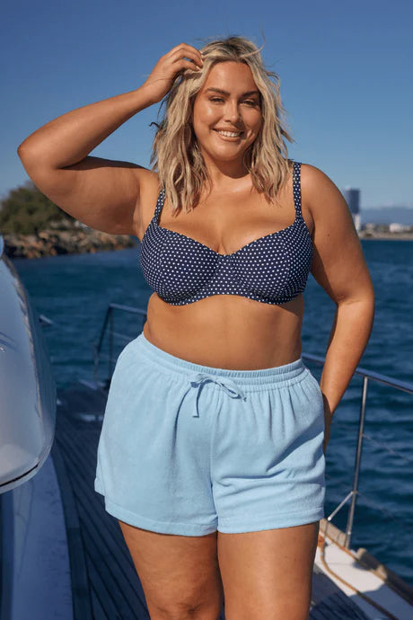 Light Blue Terry Towelling Shorts with an elastic waistband and adjustable drawstring, designed for comfort and relaxed summer style.