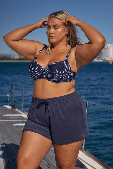 Navy Terry Towelling Shorts with an elastic waistband and adjustable drawstring, designed for comfort and relaxed summer style.