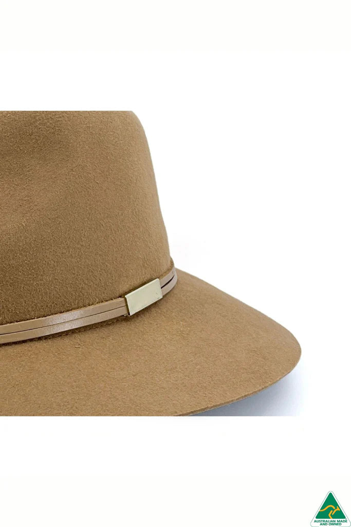 Thorburn Wool Felt Fedora in chocolate with cut-edge brim, camel leather band with metal trim, 9.5cm crown, and ComfyFit adjustable band.