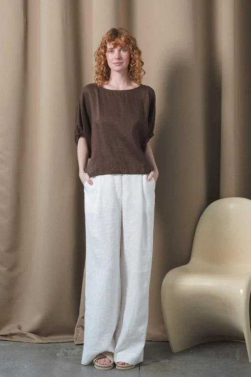 Tina Linen Top in Chocolate – A chic, lightweight linen top in a rich chocolate brown hue. Features a relaxed fit, short sleeves, and a button-down front for effortless styling. Perfect for layering or wearing on its own.