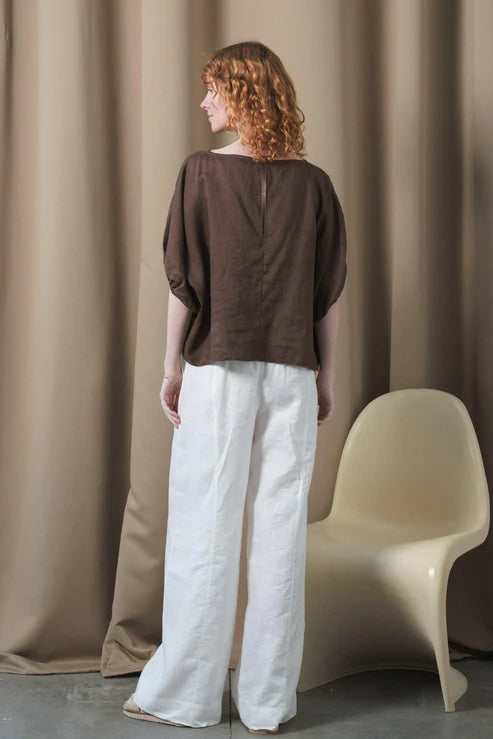 Tina Linen Top in Chocolate – A chic, lightweight linen top in a rich chocolate brown hue. Features a relaxed fit, short sleeves, and a button-down front for effortless styling. Perfect for layering or wearing on its own.