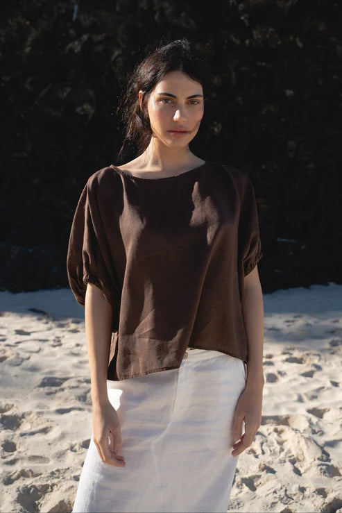 Tina Linen Top in Chocolate – A chic, lightweight linen top in a rich chocolate brown hue. Features a relaxed fit, short sleeves, and a button-down front for effortless styling. Perfect for layering or wearing on its own.