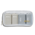 al.ive body Travel Essentials Set featuring White Tea & Argan Shampoo and Conditioner and Sea Cotton & Coconut Hand & Body Wash and Lotion in a sleek travel case.