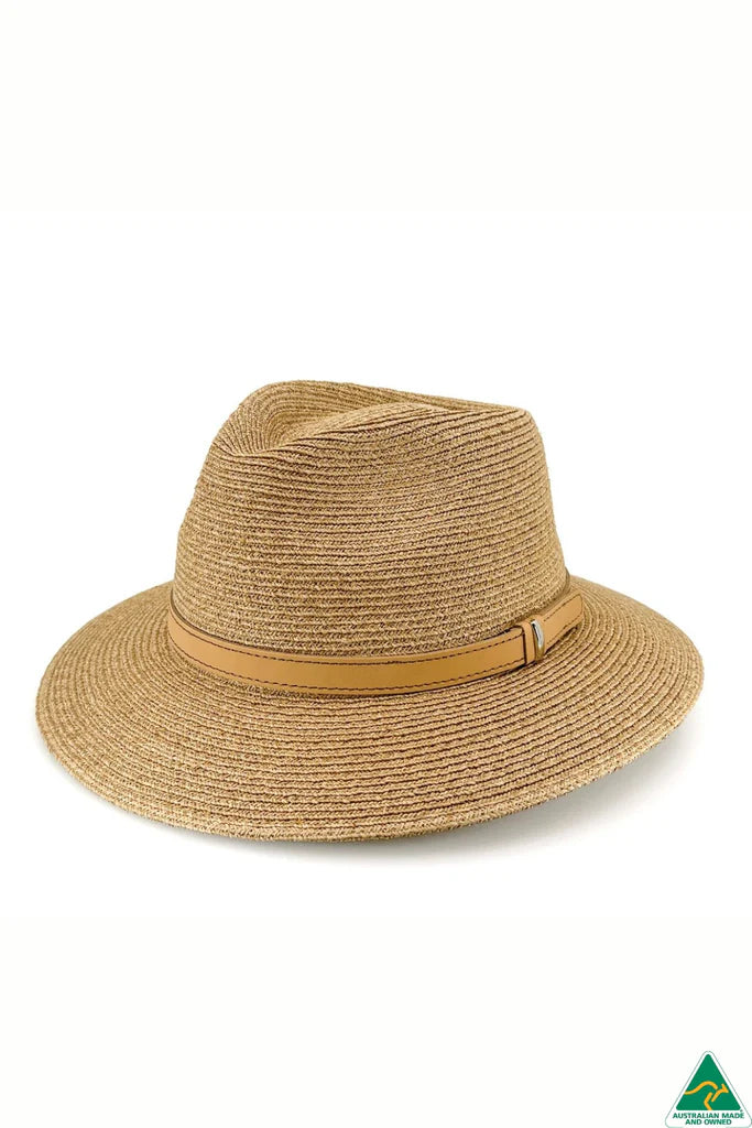 Tully Raffia Fedora in caramel with tan leather band, 7cm brim, 9cm crown, ComfyFit adjustable band, and UPF50+ sun protection.