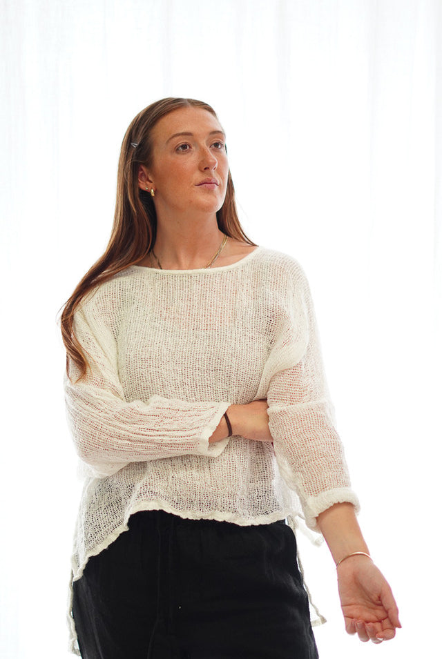 Rustic linen Valentina top in white mesh with a relaxed fit and soft, breathable neutral fabric.