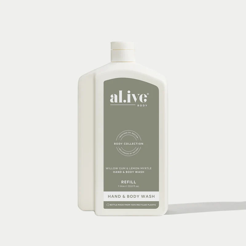al.ive Willow Gum & Lemon Myrtle Wash Refill 1L bottle with controlled-flow spout.