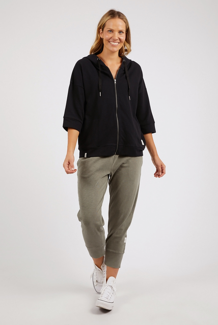 The Black Beachy Zip Hoodie by ELM is available at Rawspice Boutique.