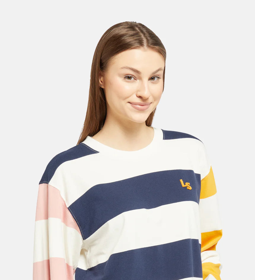 Women's Graphic Rugby T-Shirt - 3 Stripe, a classic rugby-inspired tee with bold stripes, a cropped fit, and long sleeves, made from soft 100% cotton.