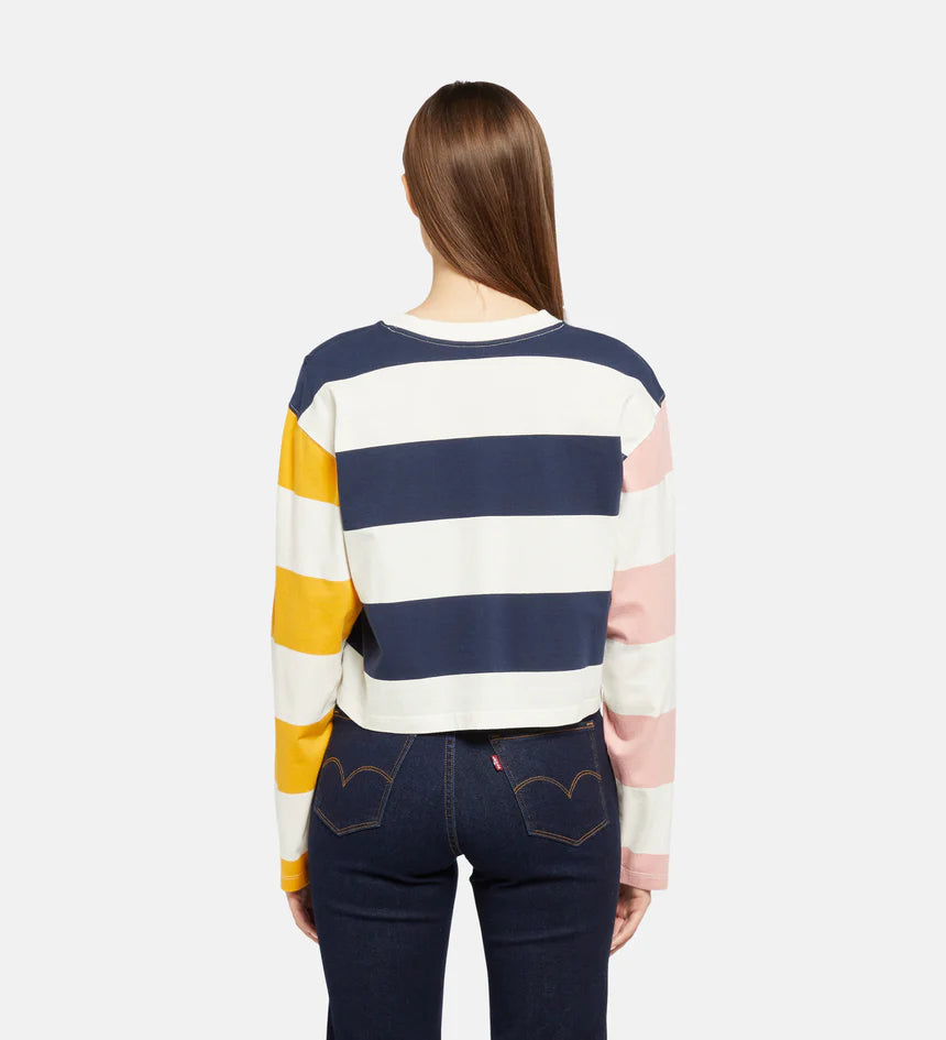 Women's Graphic Rugby T-Shirt - 3 Stripe, a classic rugby-inspired tee with bold stripes, a cropped fit, and long sleeves, made from soft 100% cotton.