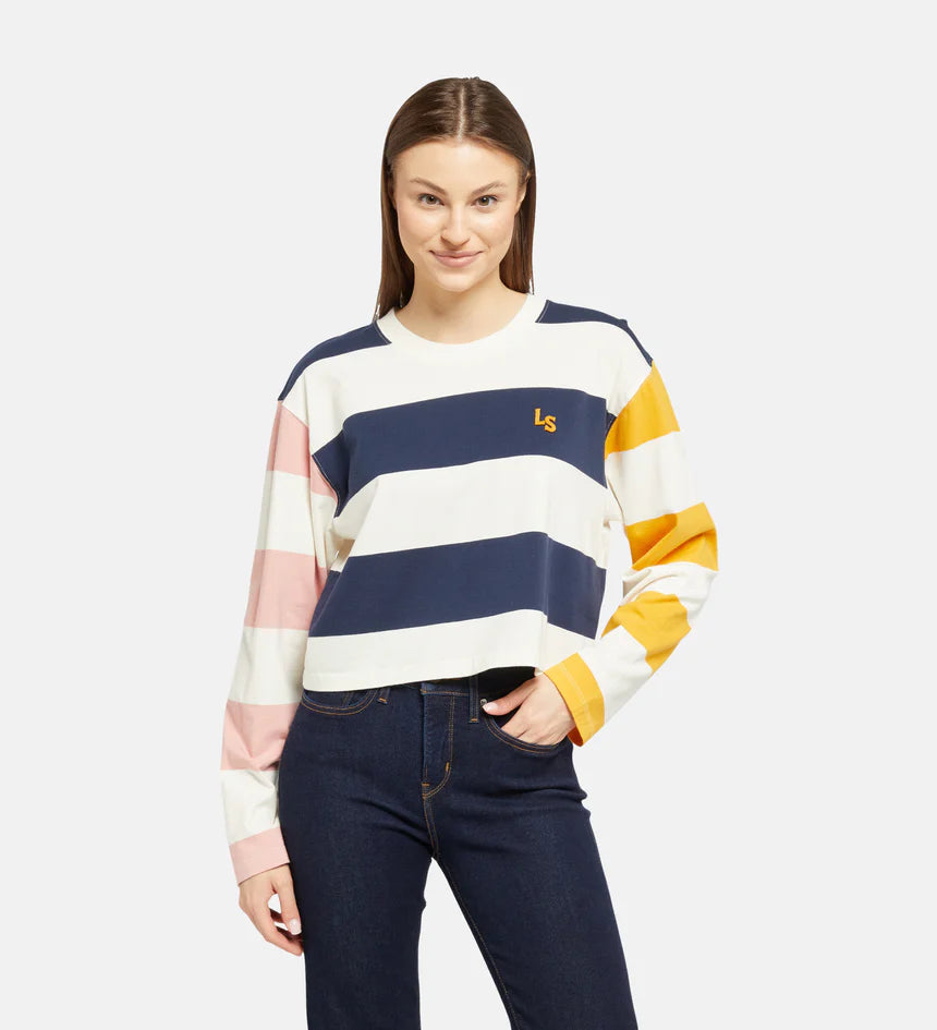 Women's Graphic Rugby T-Shirt - 3 Stripe, a classic rugby-inspired tee with bold stripes, a cropped fit, and long sleeves, made from soft 100% cotton.