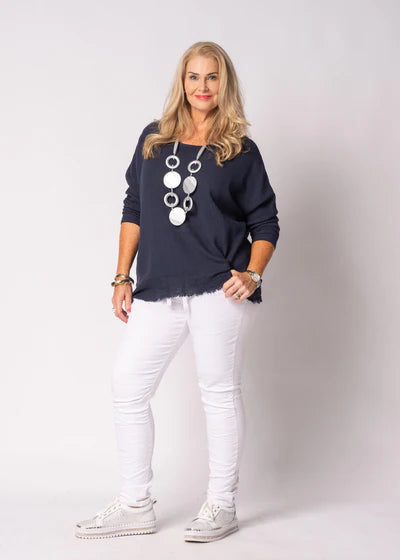 Arwyn Linen Blend Top in navy, a soft textured blouse with a relaxed fit and refined feminine detailing, suitable for both casual and smart styling.