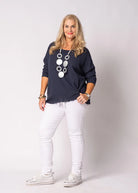 Arwyn Linen Blend Top in navy, a soft textured blouse with a relaxed fit and refined feminine detailing, suitable for both casual and smart styling.