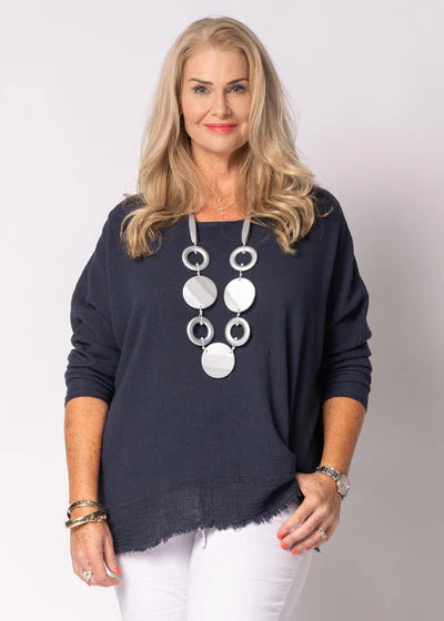 Arwyn Linen Blend Top in navy, a soft textured blouse with a relaxed fit and refined feminine detailing, suitable for both casual and smart styling.