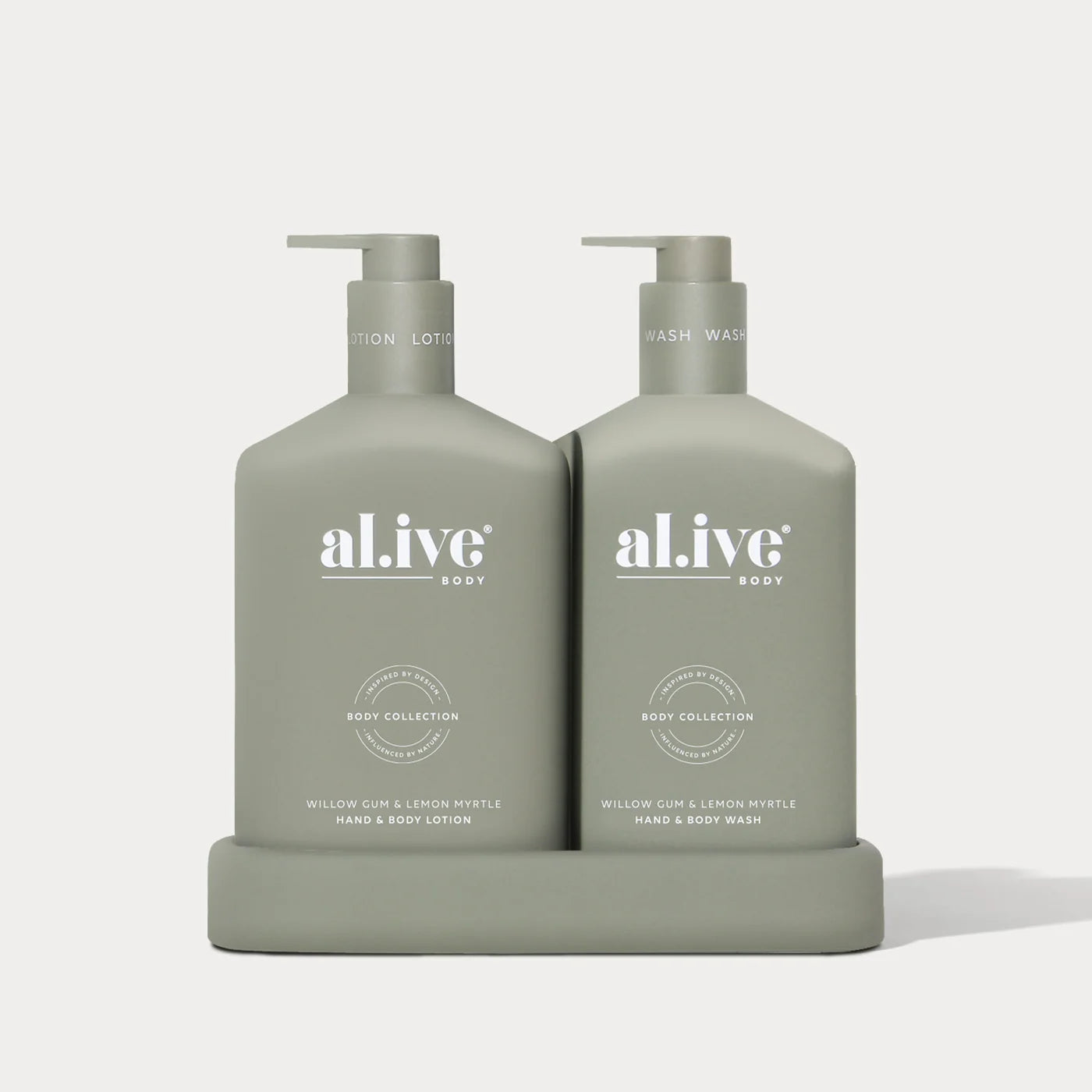 Al.ive Willow Gum & Lemon Myrtle Hand & Body Wash and Lotion duo in muted olive bottles with matching tray.