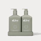 Al.ive Willow Gum & Lemon Myrtle Hand & Body Wash and Lotion duo in muted olive bottles with matching tray.