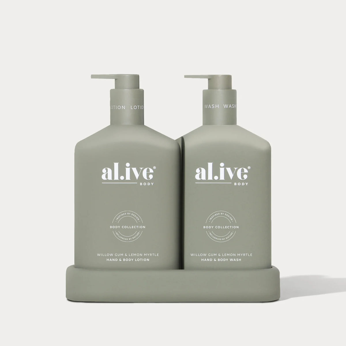 Al.ive Willow Gum & Lemon Myrtle Hand & Body Wash and Lotion duo in muted olive bottles with matching tray.