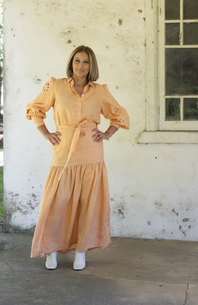 Bowie Linen Shirt - Peach by Don't Tell My Husband is currently available at Rawspice Boutique, South West Rocks. 