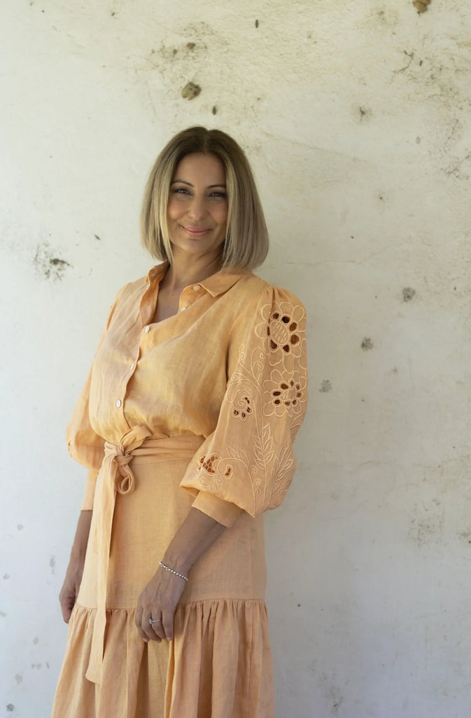 Bowie Linen Shirt - Peach by Don't Tell My Husband is currently available at Rawspice Boutique, South West Rocks. 