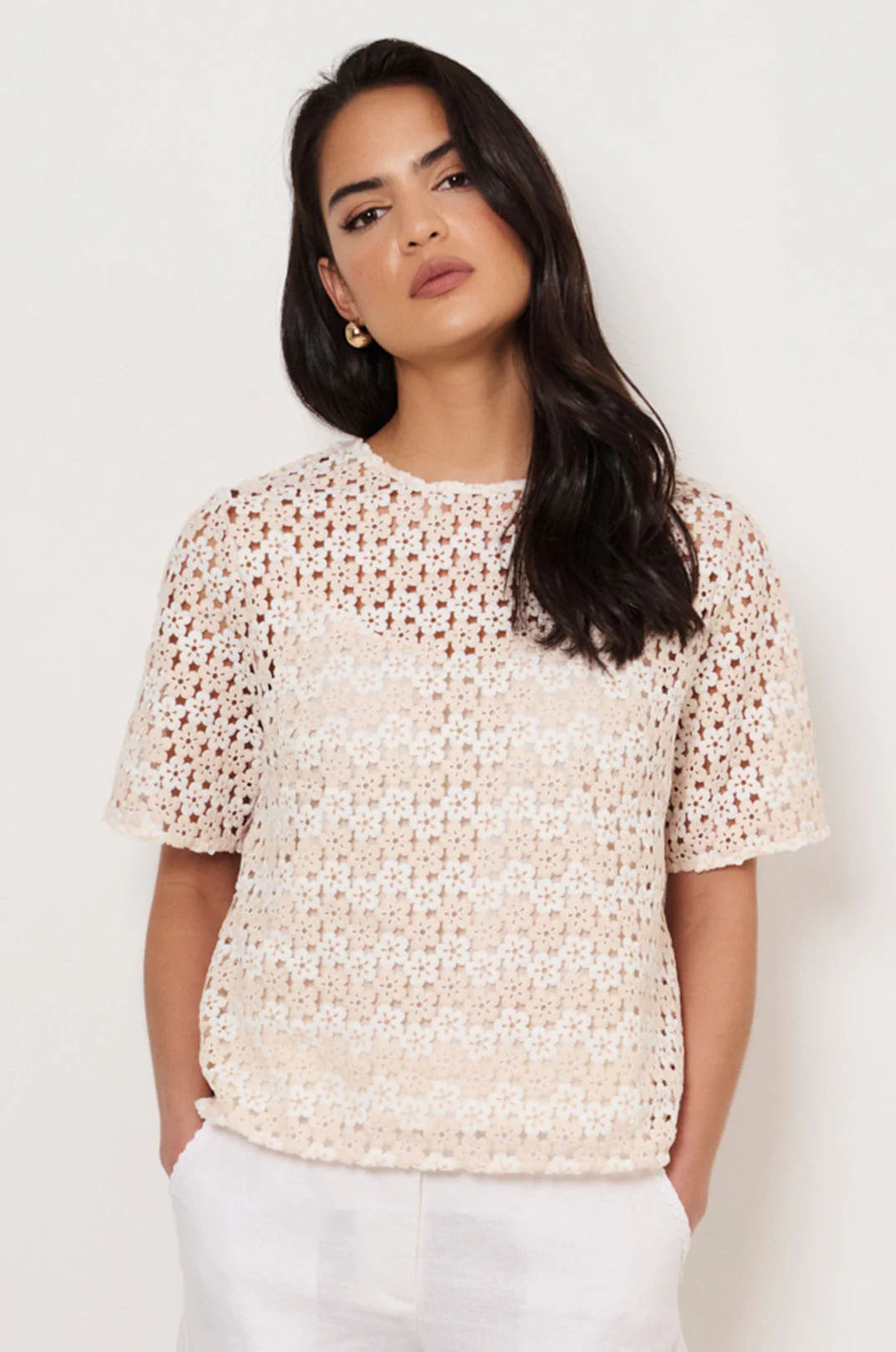 Kaia Daisy Chain A-Line Top in Natural featuring daisy lace, round neckline, mid sleeves, and relaxed silhouette.