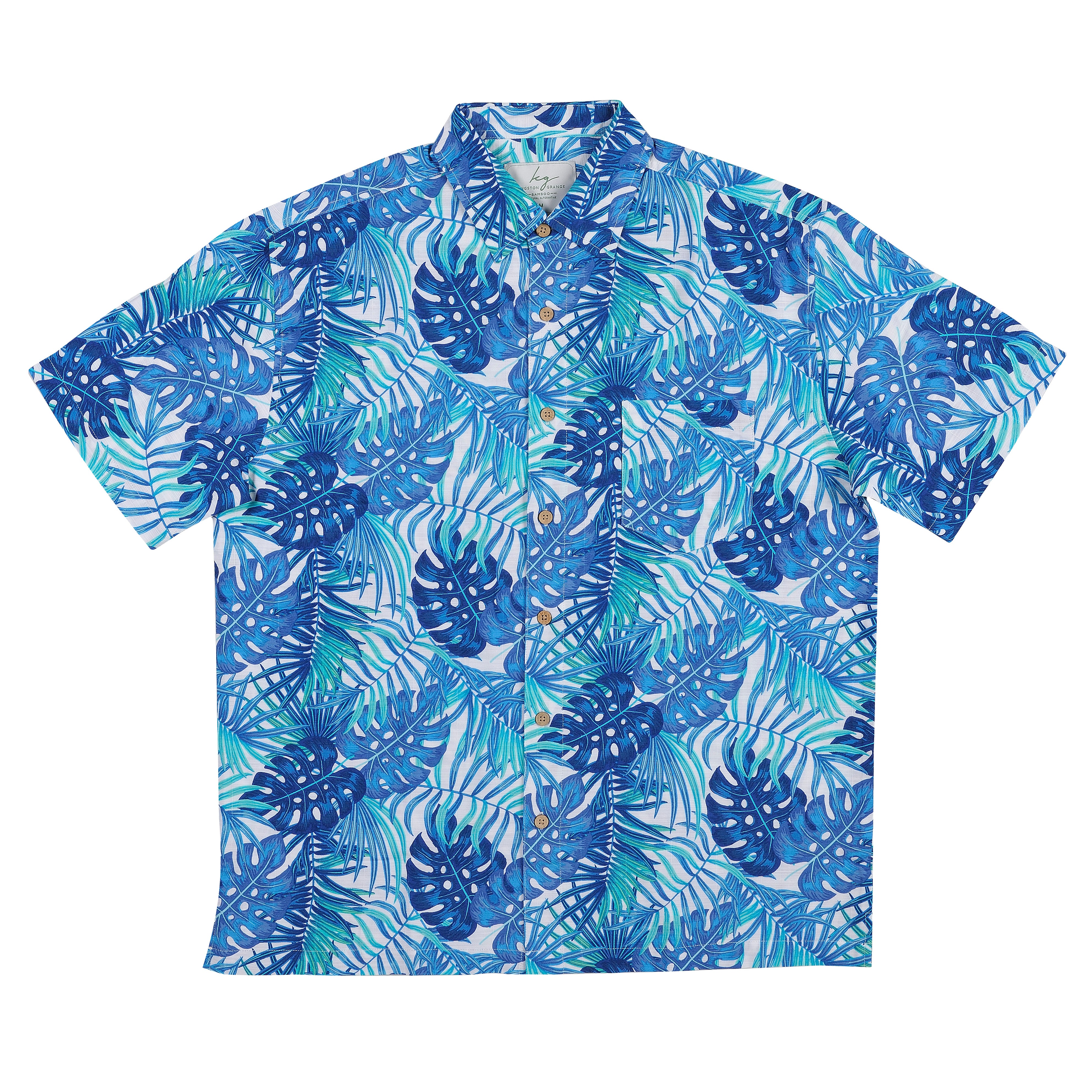 Men’s Short Sleeve Bamboo Shirt – Daydream Island, crafted from organically grown bamboo with a loose fit, chest pocket, and coconut-shell look buttons.