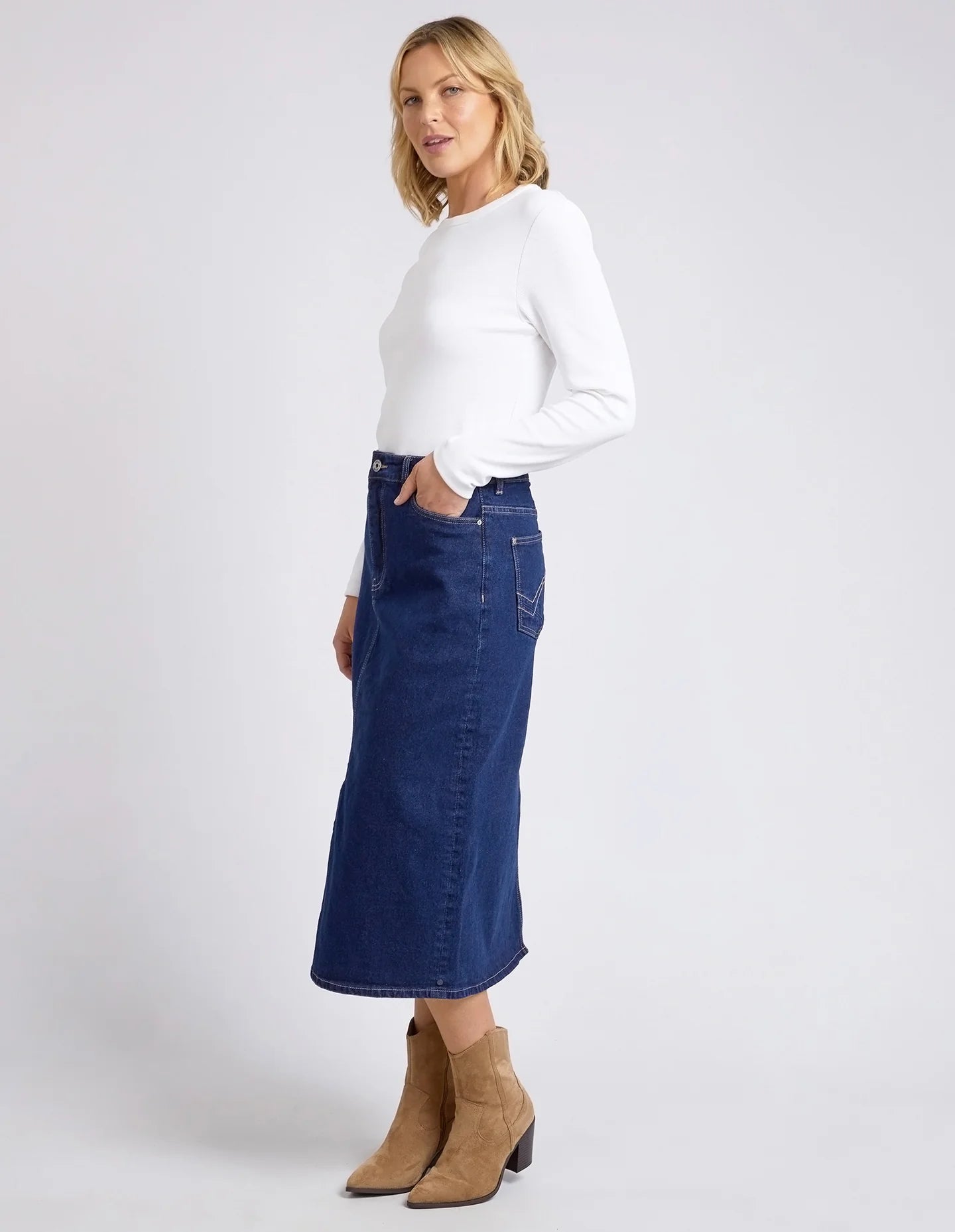 Eloise Denim Midi Skirt Dark Blue by Elm is currently available from Rawspice Boutique, South West Rocks. 