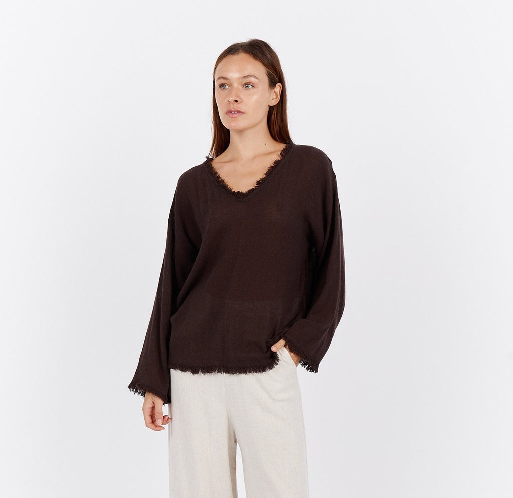 Emi Frayed Top - Chocolate by Carbon the Label is currently available from Rawspice Boutique, South West Rocks. 