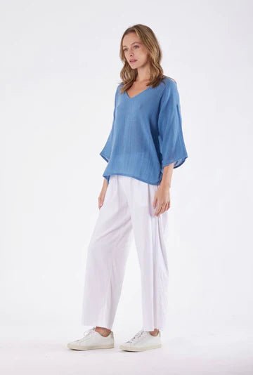 Evie Ramie V Neck Top - French Blue by Carbon The Label is currently available from Rawspice Boutique, South West Rocks