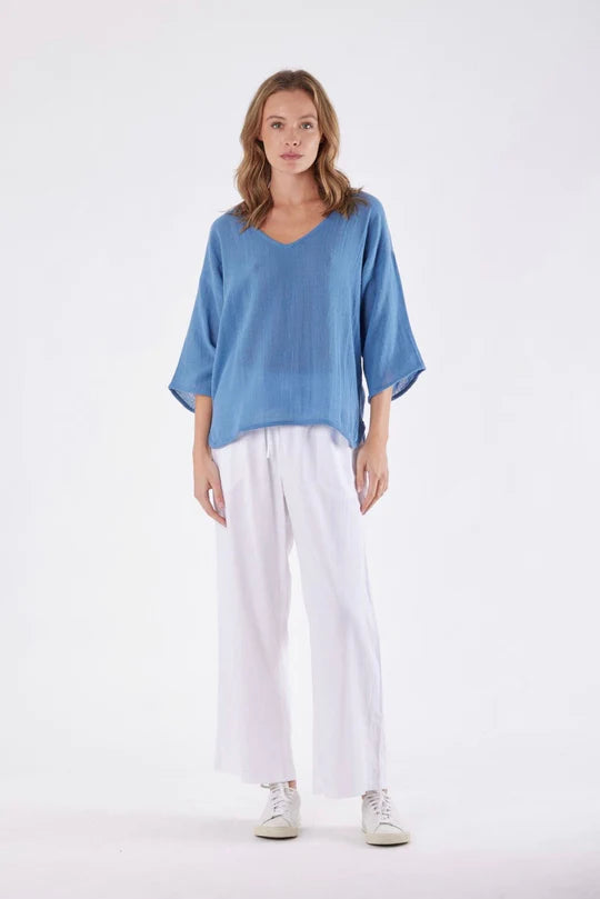 Evie Ramie V Neck Top - French Blue by Carbon The Label is currently available from Rawspice Boutique, South West Rocks