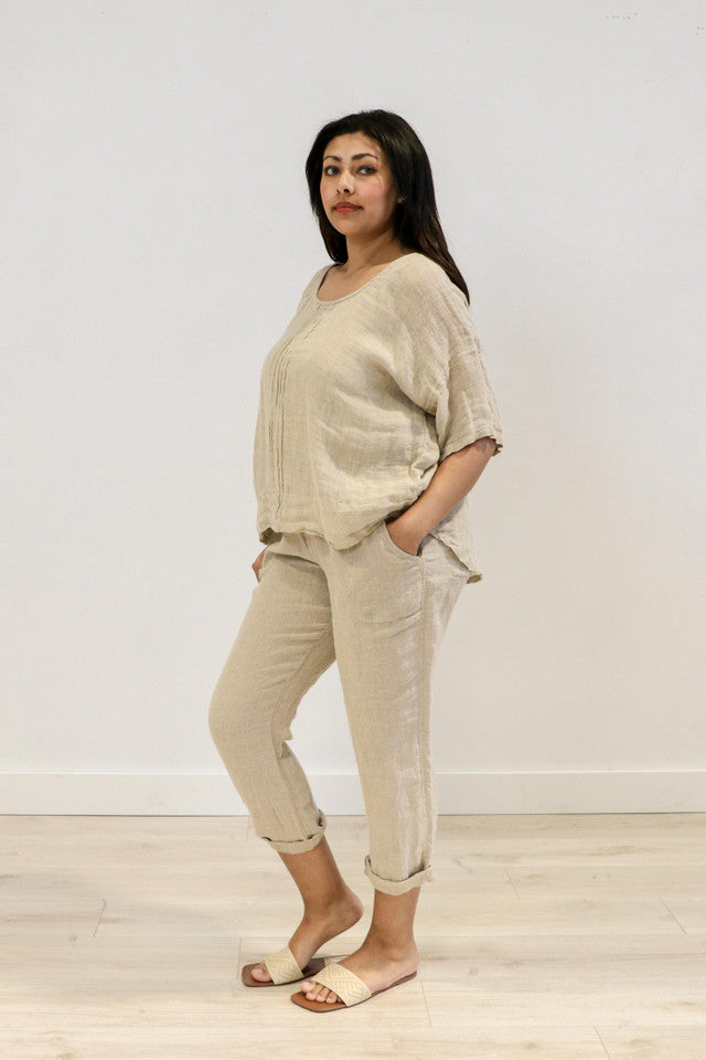 Natural Francesca gauze linen top with pintuck detailing, relaxed fit and soft, breathable stonewashed texture.