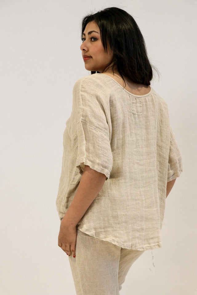Natural Francesca gauze linen top with pintuck detailing, relaxed fit and soft, breathable stonewashed texture.