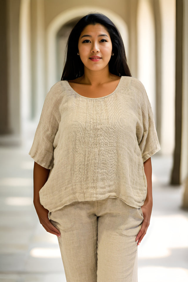 Natural Francesca gauze linen top with pintuck detailing, relaxed fit and soft, breathable stonewashed texture.