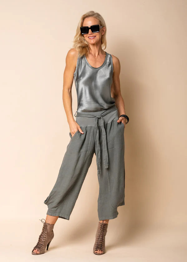 The Gum Leaf Addison Linen Pants by MIRRA MIRRA by IMAGINE FASHION are currently available at Rawspice Boutique.