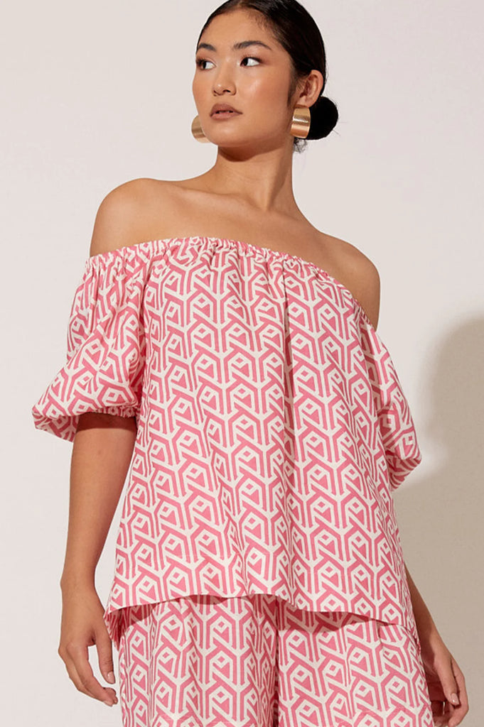 Pink Genevieve Geometric Off The Shoulder Top by Adorne is currently available from Rawspice Boutique, South West Rocks.
