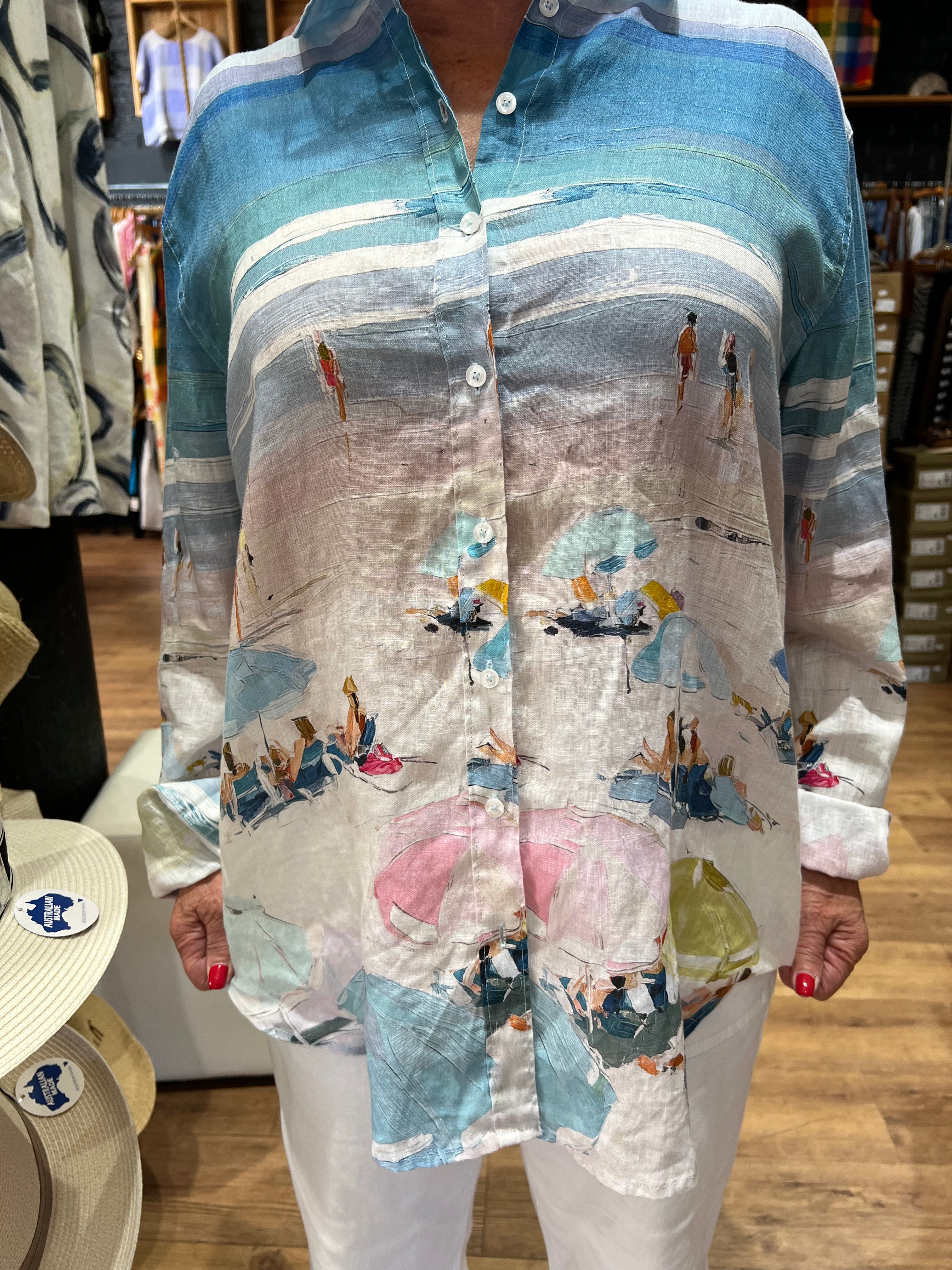 HUT Boyfriend Linen Shirt in a relaxed fit, featuring two chest pockets, tab sleeves and a scoop hem.