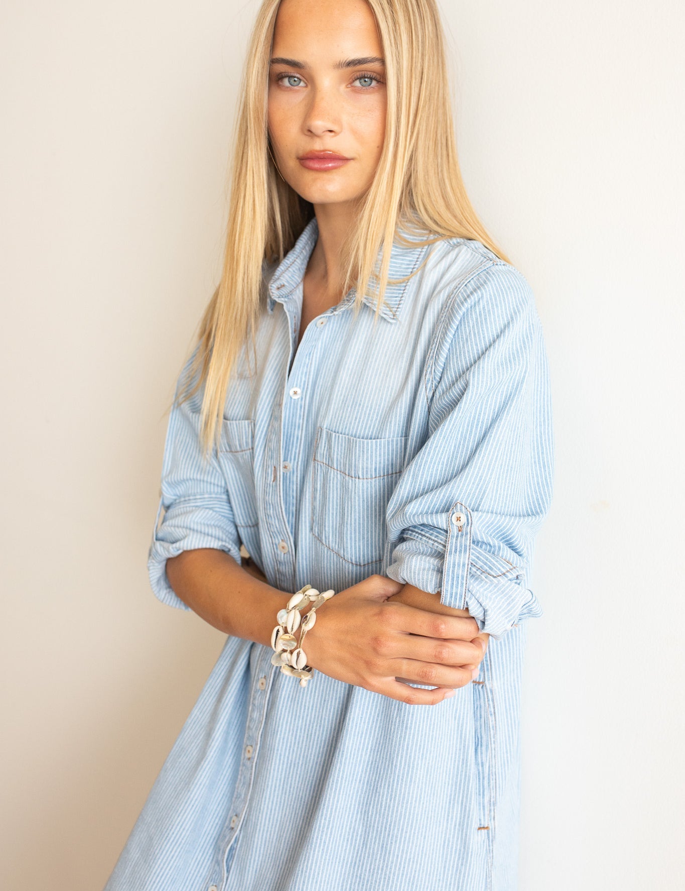 HUT 100% cotton denim shirtdress with tab sleeves, scoop hem and practical chest and side pockets