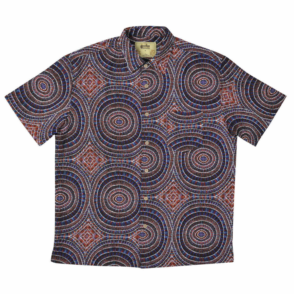 Men’s Short Sleeve Bamboo Shirt – Janmarda Jukurrpa, crafted from organically grown bamboo with a loose fit, chest pocket, and bamboo wood-look buttons.