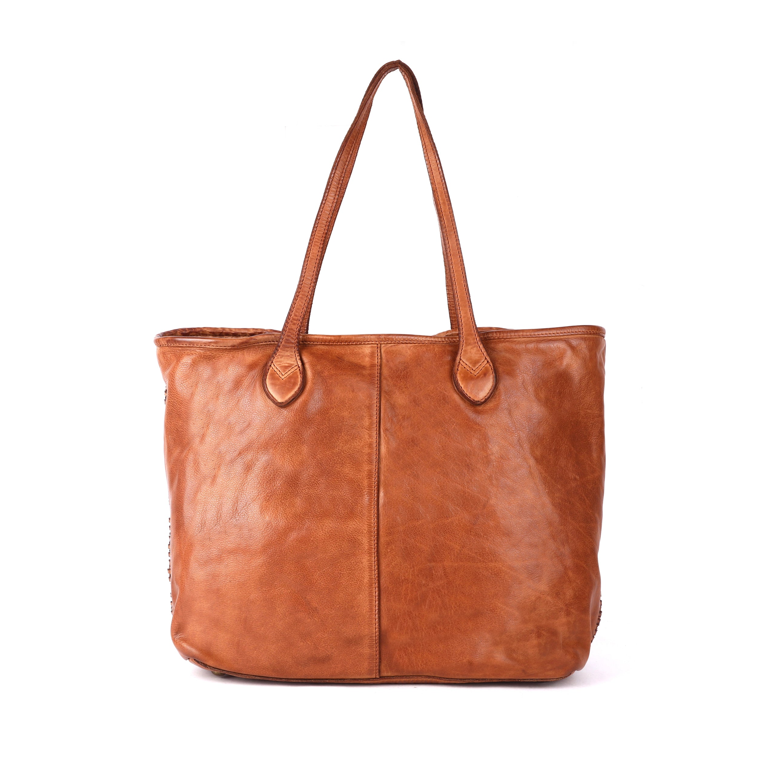 Rugged Hide Kalgoorlie Day Bag, a soft leather shopper with front weave detailing, two zip-secured compartments, internal zip pocket, and sleeve pockets. Measures 33cm x 32cm x 13cm.