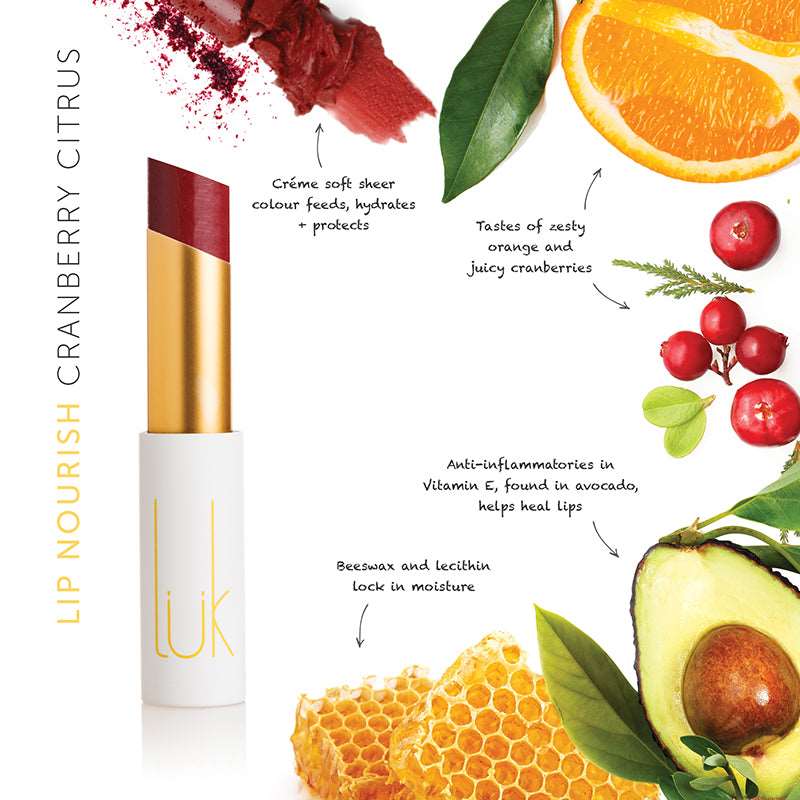 Lip Nourish - Cranberry Citrus by Luk Beautifood available at Rawspice Boutique.