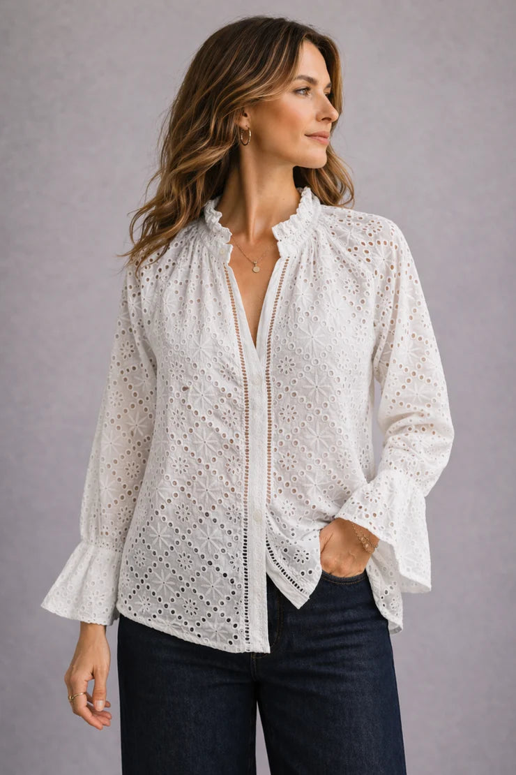Lacewood Blouse in 100% cotton cutwork lace featuring a button-through front and relaxed, feminine silhouette.