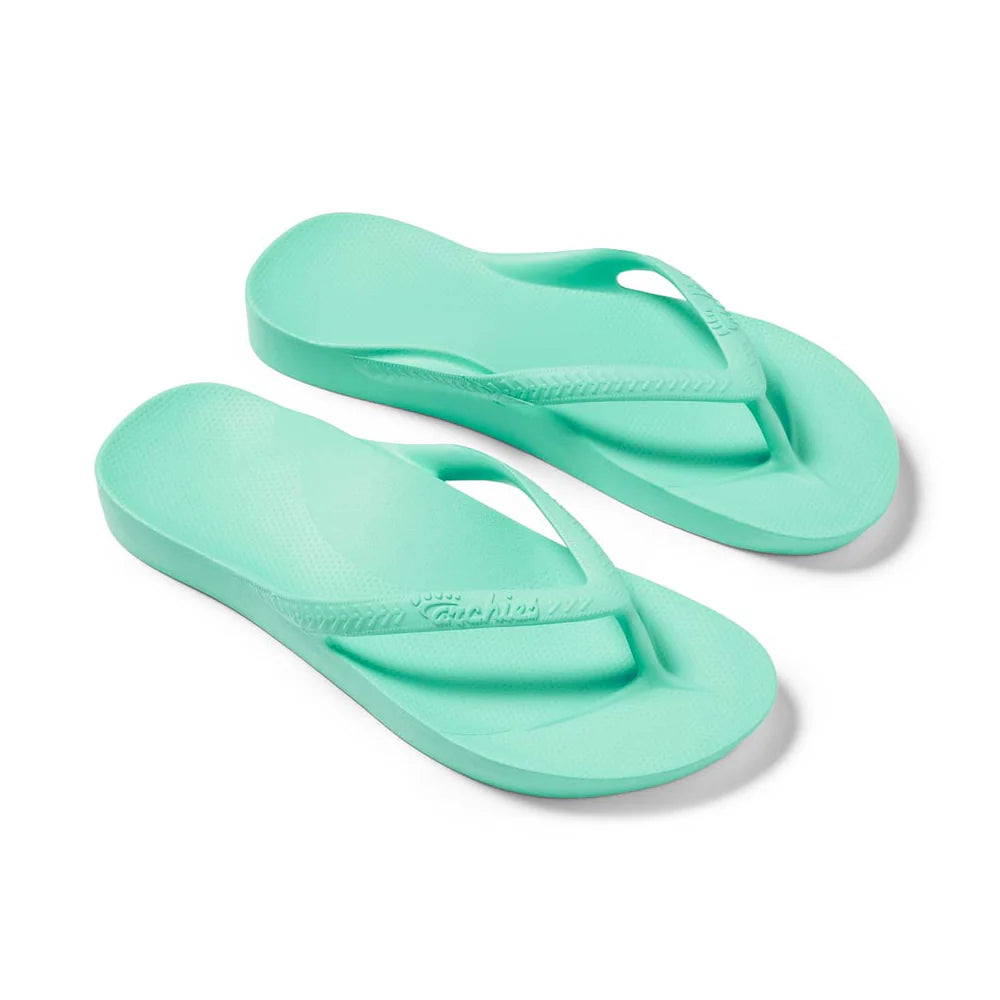 mint arch support thongs with contoured footbeds and ergonomic straps for enhanced comfort and stability.