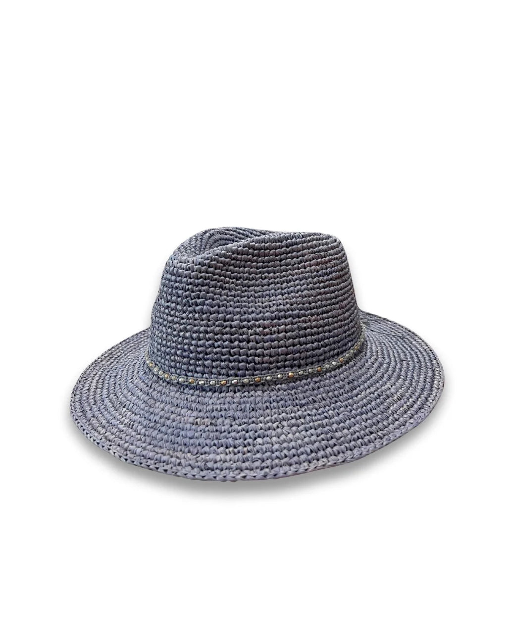Magdalena hand-woven raffia fedora hat with teardrop crown, metallic beaded trim and wide brim, shown in natural Madagascan raffia.
