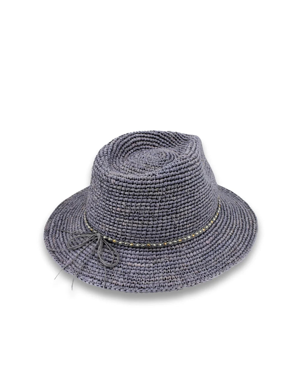 Magdalena hand-woven raffia fedora hat with teardrop crown, metallic beaded trim and wide brim, shown in natural Madagascan raffia.
