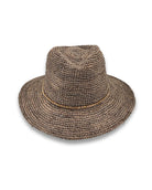 Magdalena Raffia Fedora hat in mushroom, hand crocheted raffia with a teardrop crown and metallic beaded trim.