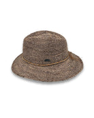 Magdalena Raffia Fedora hat in mushroom, hand crocheted raffia with a teardrop crown and metallic beaded trim.