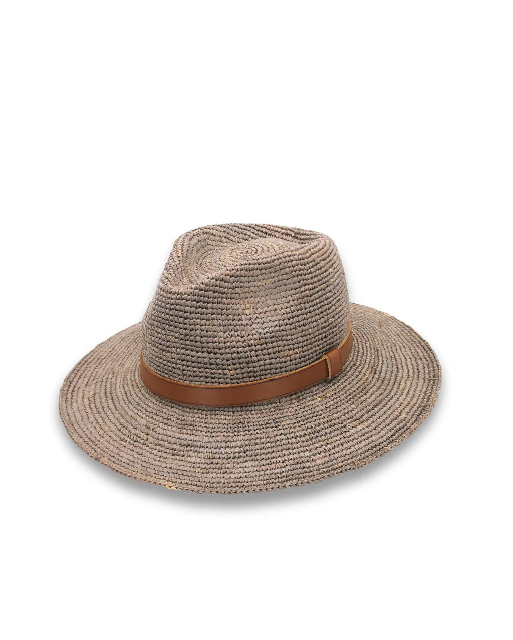 Magdalena Raffia Fedora Hat in Mushroom, hand-woven from natural Madagascan raffia with teardrop crown, metallic beaded trim and structured brim.
